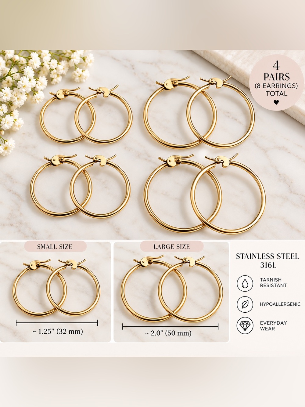 4 pairs - Gold Stainless Steel Hoop Earring Set cute new daily wear gift
